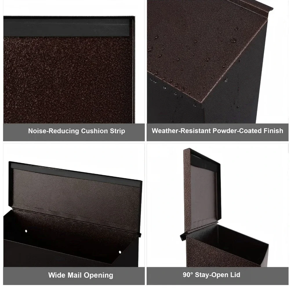 Large Wall Mounted Metal Mailbox Brown Powder Coated Non-Locking
